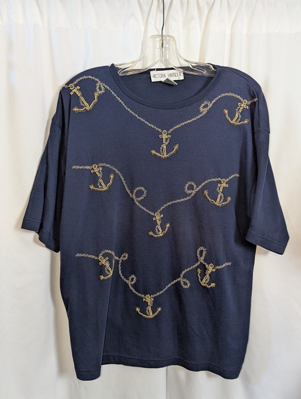 Vintage 90s Victoria Harbour Nautica Anchors Beaded T-shirt Large